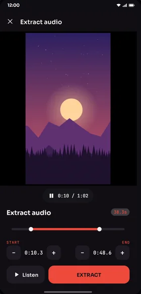 Reelora screen: Extract audio with precise trimming and fine-tuning controls.