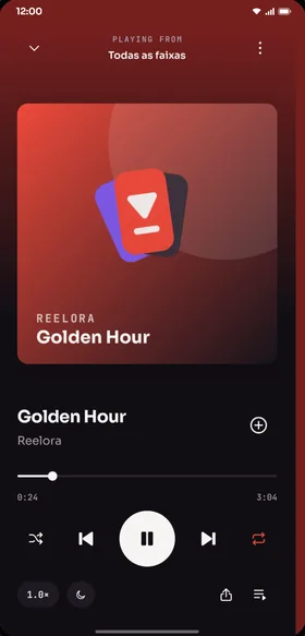 Reelora screen: Enjoy your music with a modern audio player, playlists, and mini player.
