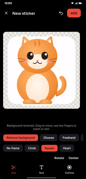 Reelora screen: Create custom stickers with background removal.